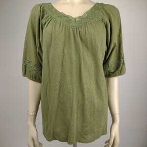 Sundance green lacy -Neck cotton linen blend short sleeve shirt blouse Large